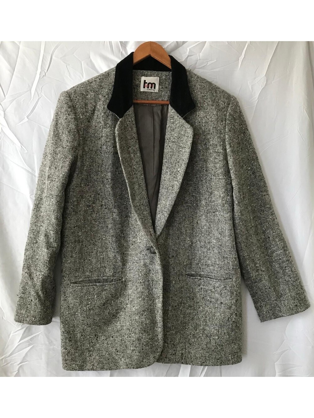 TM Sport by That's Me Blazer M Gray Tweed Wool Velvet Collar Vintage 80s